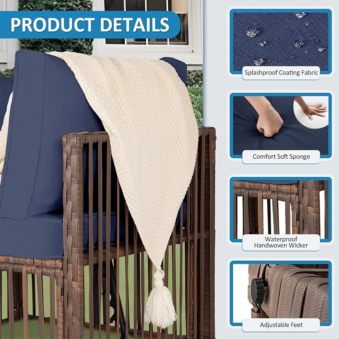 FHFO 7 Piece Outdoor Wicker Patio Furniture Set, Brown/Blue | Sectional Sofa | All-Weather Hand-Woven Rattan | Tempered Glass Coffee Table | Adjustable Backrest | Indoor & Outdoor Use