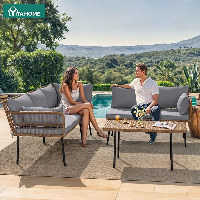 YITAHOME 4-Piece Wicker Patio Furniture Set, All Weather PE Rattan Conversation Set Sectional Sofa with Soft Cushions & Side Table, Porch Furniture for Deck, Balcony, Backyard - Gray