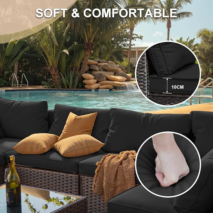 7 Piece Outdoor Patio Furniture Set with 42" Fire Pit, Wicker Furniture Sectional Conversation Sofa Set with Comfortable Cushions, Black