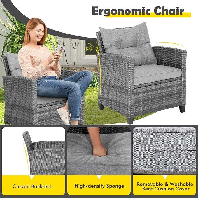Patio Furniture Set, 3 Pcs Outdoor Wicker Conversation Set with Glass Coffee Table, Patio Chairs w/Washable Cushions, PE Rattan Outdoor Furniture Set for Porch Garden Backyard (Grey)