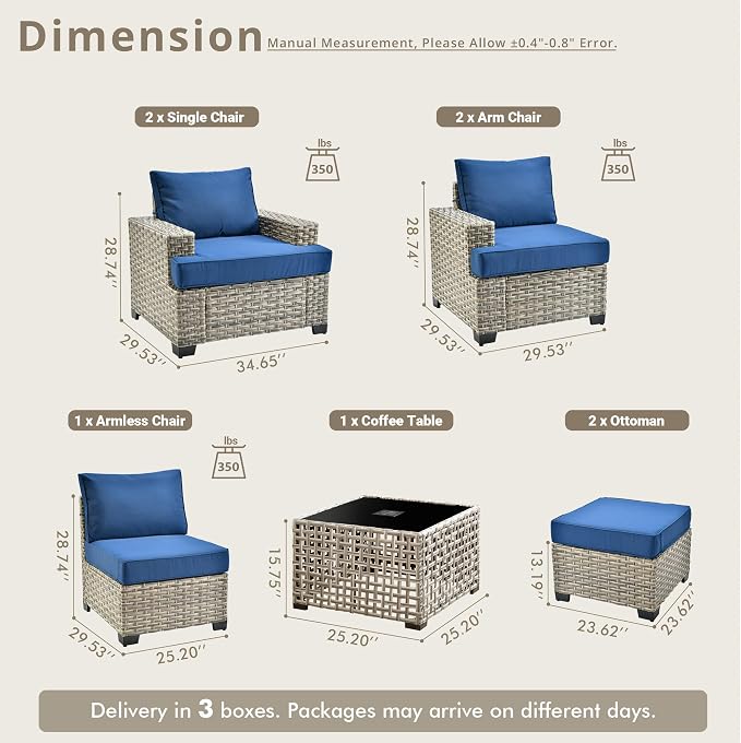 Weaxty 8 Pieces Outdoor Furniture Set, Patio Sectional Sofa Wide Seats Couch Chair with Ottoman Solar Table, Thick Cushion All-Weather Rattan Patio Conversation Sets for Backyard Porch Deck, Blue
