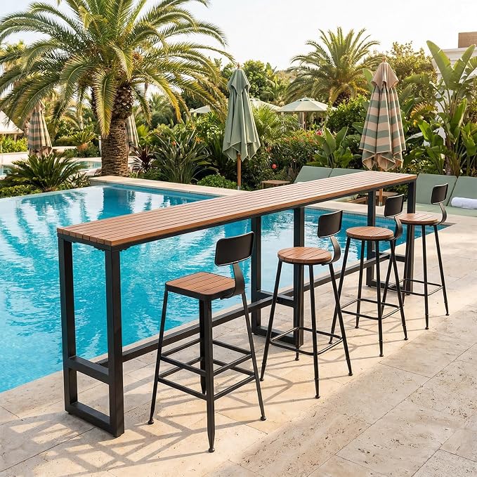 Outdoor Bar Table Weather Resistant, Wood Counter Height Bar Table Rain Sun Protection, Extra Long High Top Table 47.2"-102.4", for Patio, Garden, Yard, Balcony, Poolside(Black,94.5"x15.7"x40.5")