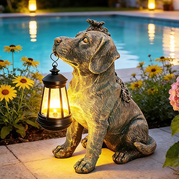 Solar Garden Statue Dog Figurine Decor with Lantern Lights, 11 Inch Outdoor Decoration Solar Dog Sculptures for Outside Patio Lawn Balcony Yard Ornament, Dogs Lover Gifts for Women Mom Birthday