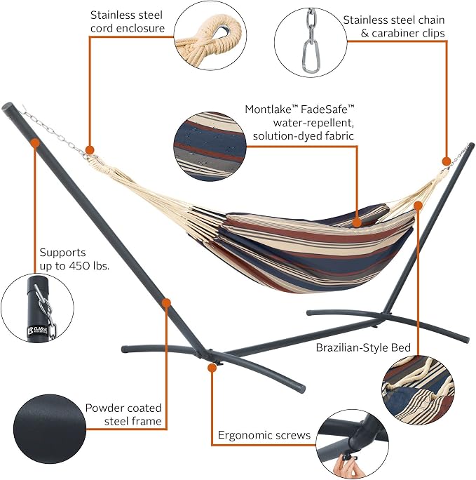 Classic Accessories Montlake Fadesafe Brazilian Hammock with Steel Stand, Heather Indigo Blue Multi-Stripe