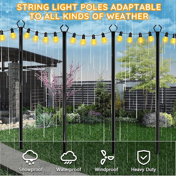 AHRLHR 6 Pack String Light Poles, Outdoor String Light Pole 10 ft Forked Metal Light Pole with Adjustable Outdoor Light Stand, Deck, Backyard, Garden, Wedding, Rustproof and Sturdy with Hooks.