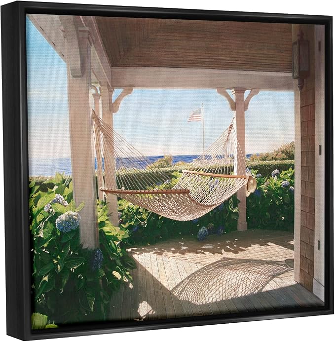 'Tranquil Hammock Warm Sunlit Porch Rural'| Floating Frame Canvas Art | Stupell Industries | Black, 21 x 17 Inches, Easy to Hang and Sturdy, Made in USA, by Tom Mielko