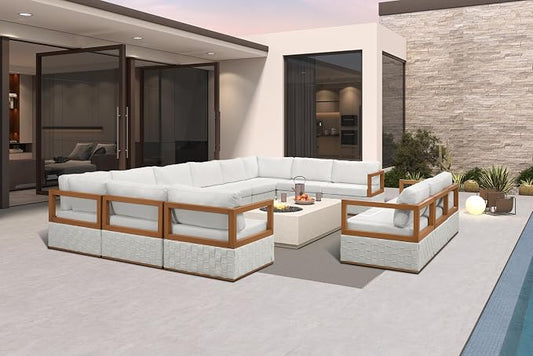 PURPLE LEAF Patio Outdoor Furniture Set 13 Pieces, Premium Leather Outdoor Couch Sectional Sofa, Patio Conversation Sets with Olefin Cushions, Patio Couch for Porch, Balcony, Garden, White