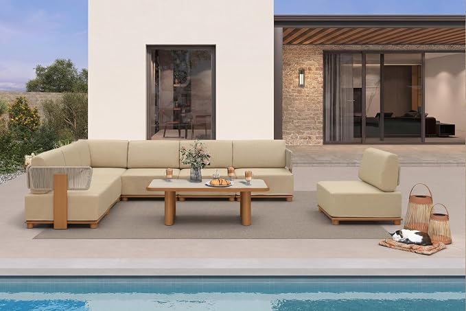 PURPLE LEAF Patio Furniture Set Modular Open-End Outdoor Sectional Sofa with 11" Thick Olefin Cushion 8-Piece Outdoor Conversation Set with Table & Coffee Lights for Backyard Garden Poolside, Beige
