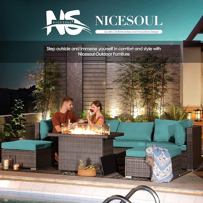 NICESOUL 13 Piece Patio Furniture w/Fireplace, Elegant Outdoor Seating w/Firepit, XL Size 29.3'' High Back Sectional Sofa, All-Weather Rattan Deck Couch, Modular Sturdy Conversation Set, Gray & Teal