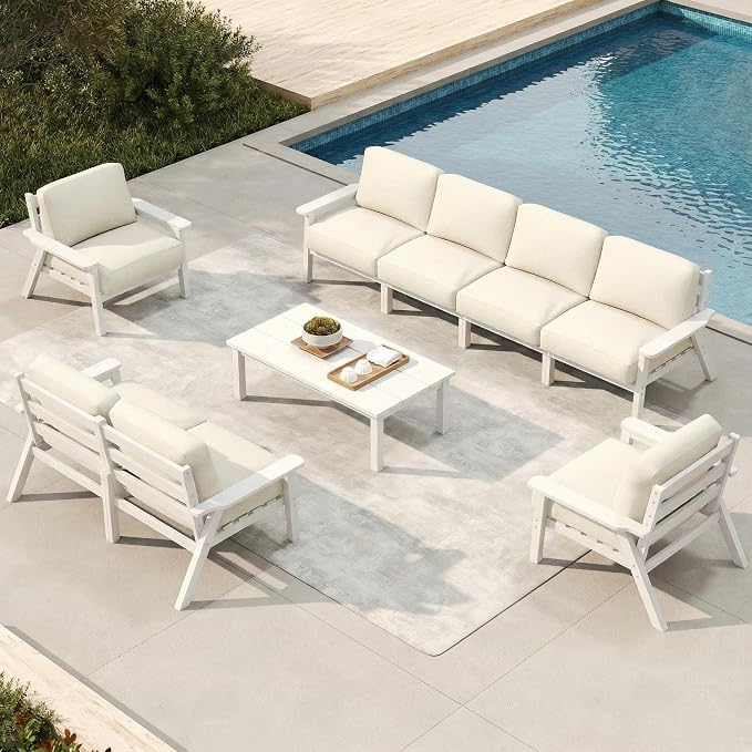 Patio Furniture Set 8 Seats, HDPE Outdoor Sectional with Beige Washable Thick Cushions, Coffee Table, Patio Conversation Sets for Lawn, Garden, Porch, Balcony, Deck (White Frame)