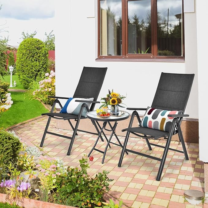 LDAILY Folding Outdoor Side Table, Round Small Bistro Table with Tempered Glass Tabletop, Anti-Slip Foot Pads, Steel Frame, Foldable Patio Table for Garden, Balcony, Backyard, Porch, Black