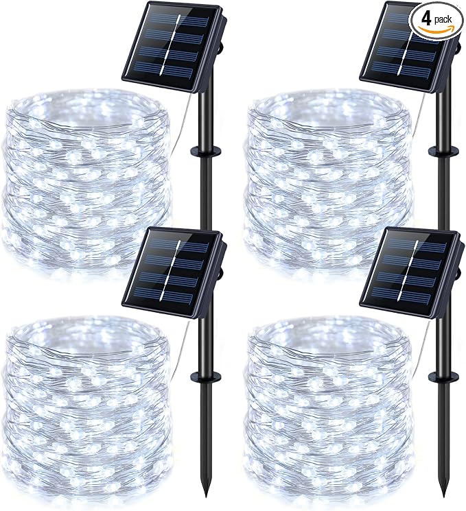 JMEXSUSS 4 Pack Solar Fairy Lights, 33ft 100LED Solar String Lights, White | Christmas Lights Outdoor Waterproof, 8 Modes Copper Wire Twinkle Lights for Outside Garden Yard Tree Wedding Decorations