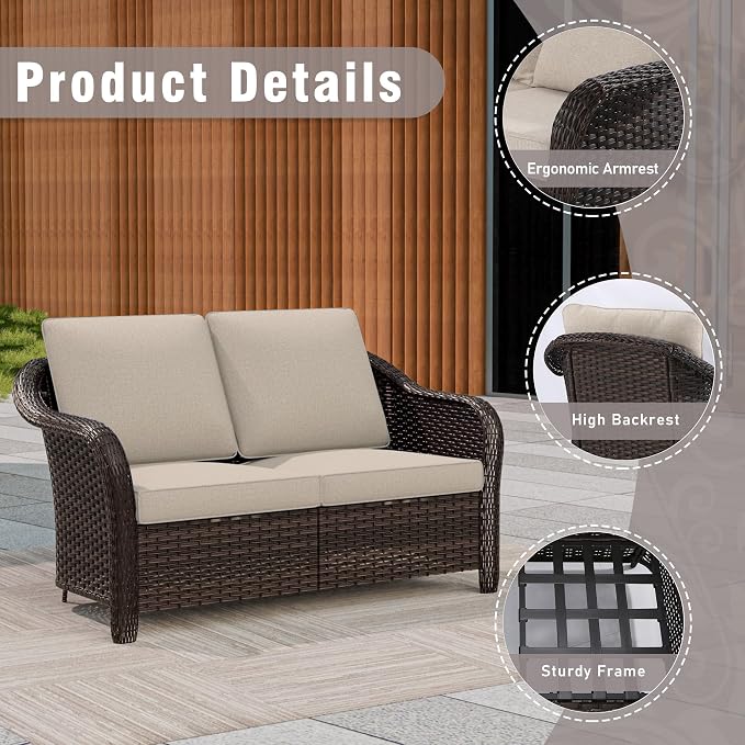7 Piece Patio Wicker Conversation Set, 2 All-Weather Use Outdoor Wicker Loveseat with 2 PE Rattan Ottomans,2 Swivel Chair, 1 Side Table, Ideal for Porch, Backyard, Balcony, Poolside, Beige