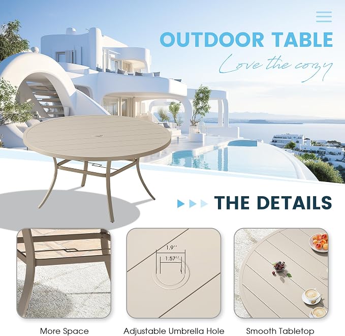 7 Pieces Outdoor Patio Dining Table Set, 50" All Weather Round Metal Table with Umbrella Hole and 6 High Back Textilene Swivel Chairs for Garden, Lawn, Poolside, Sandshell