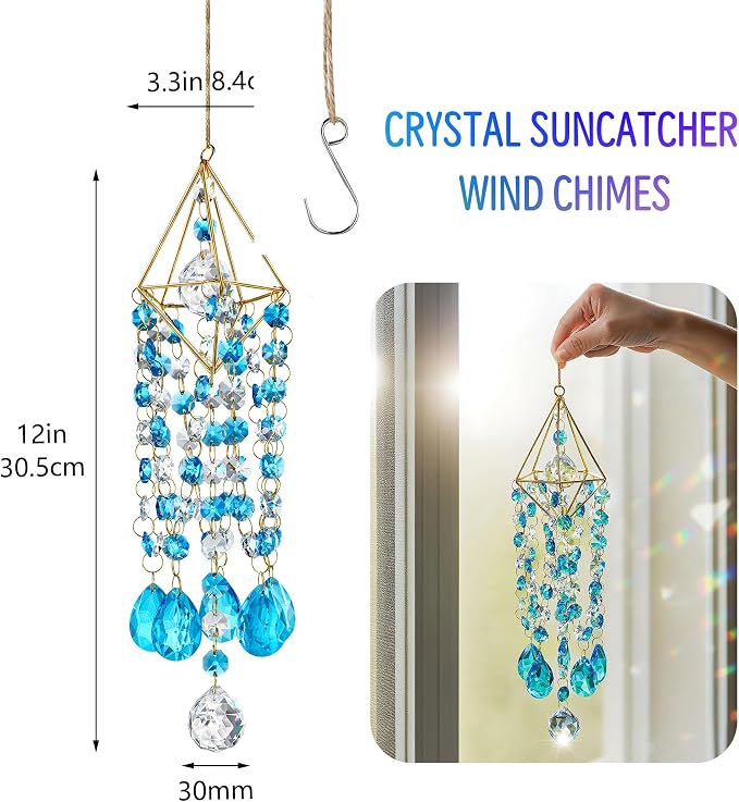 21.5'' Crystal Prisms Suncatchers for Window Hanging Rainbow Sun Catcher | Gold-Plated,Blue Dreams,Crystal Wind Chime,Sun Catcher With Crystals,Indoor Outdoor Decoration,Whimsical Decor,Gift For Women