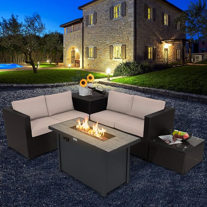 COSTWAY 5 Piece Patio Furniture Set with 42'' Fire Pit Table, Outdoor Wicker Rattan Loveseat Sofa with 4'' Thickened Cushions, 2 Side Tables, Sectional Conversation Set for Backyard (Beige)