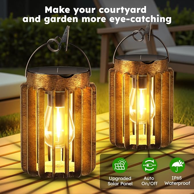 4 Pack Solar Lanterns Outdoor Waterproof, Retro Metal Hanging Lantern | 12-Hr Runtime Outdoor Solar Lantern, Auto On At Dusk, High Bright Hanging Solar Lights for Outside Garden Porch Patio Decor
