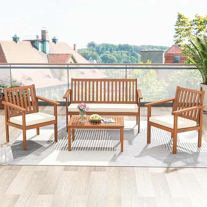 Tangkula 4 Piece Patio Wood Furniture Set, Acacia Wood Sofa Set w/Loveseat, 2 Chairs & Coffee Table, Soft Seat Cushions, Outdoor Wood Furniture Set for Porch, Yard, Balcony (Off White), OneSize