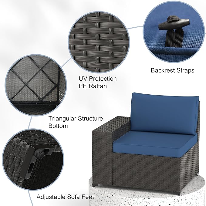 Patio Furniture Set, 7PCS Patio Sectional w/ Fire Pit Tabel Ottoman Wicker Rattan Outdoor Furniture with Thickened Cushion Modular Wicker Patio Conversation Set with Glass Top Table for Balcony(Blue)