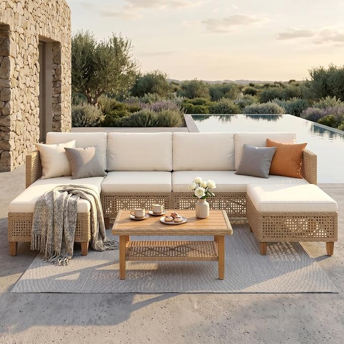 Sophia and William Wicker Patio Furniture Set, L-Shaped Outdoor Sectional Sofas with Ottoman and Acacia Wood Coffee Table, Rattan Outdoor Conversation Set wtih Beige Cushions(6 Seats)
