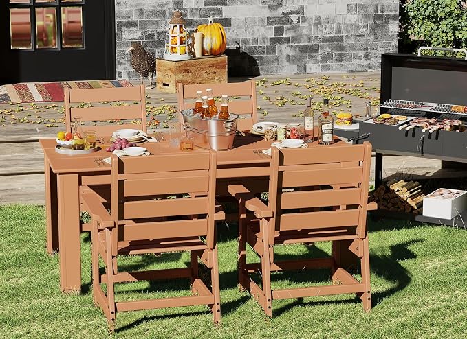 GREENVINES 7-Piece Outdoor-Dining-Set | HDPE Plastic 67'' Table and Chairs Sets for 6 | Patio Furniture | All Weather | Umbrella Hole | Teak | for Poolside Garden Backyard