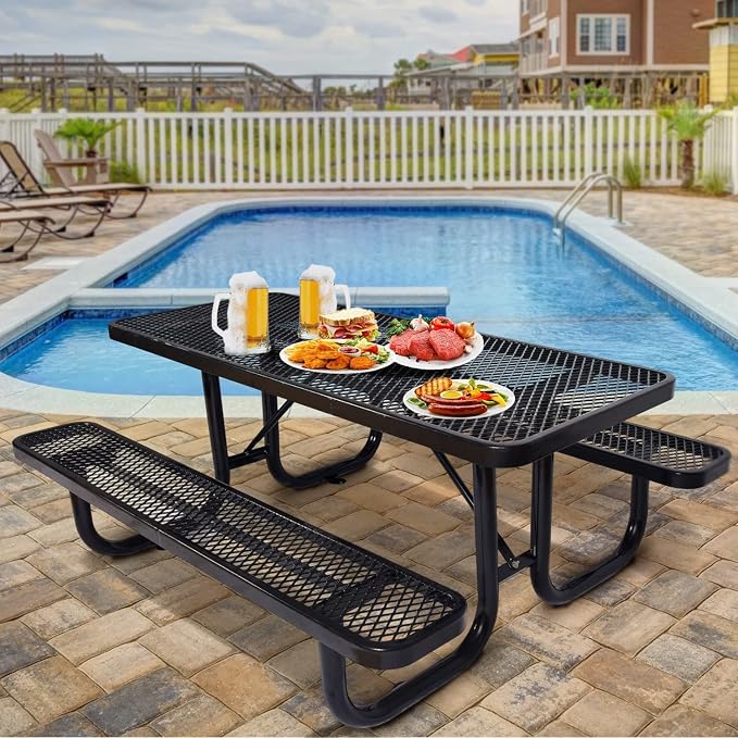 Heavy Duty Picnic Table for Outdoor 1400 lbs Load All Metal Camping Table with Umbrella Hole up to 1.5", Rectangle Dining Table for Commercial Picnic Table with Benches, Black