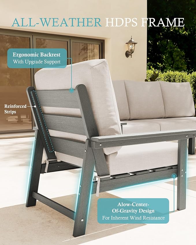 Ciokea Modular Patio Furniture Set with Thicked Cushions, 7Pcs All-Weather Outdoor Conversation Set with Coffee Table & Side Table, Modern Sectional Sofa Set for Deck (Grey Frame/Beige Cushions)