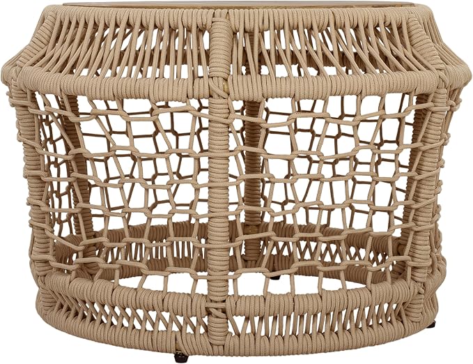Outdoor Side Table with Light Beige Rope Frame, Patio Side Tables for Outside, Round Acacia Wood Outdoor End Table for Poolside Backyard Gazebo,No Assembly Required