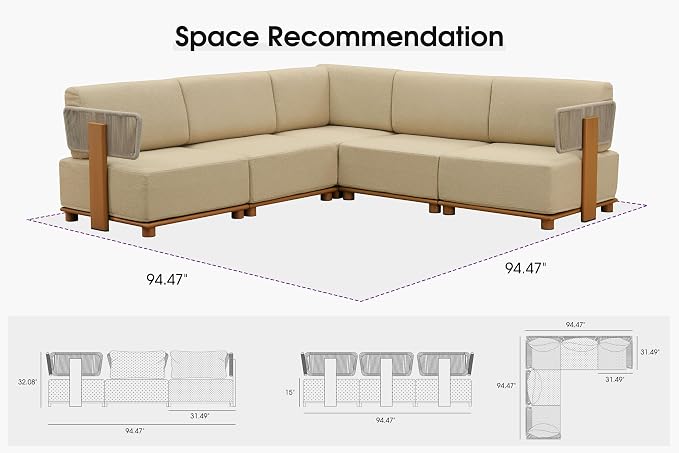 PURPLE LEAF Patio Furniture Set Modular L-Shaped Outdoor Sectional Sofa with 11" Thick Olefin Cushion 5-Piece Outdoor Conversation Set w/Coffee Lights for Patio Backyard Garden Poolside, Beige
