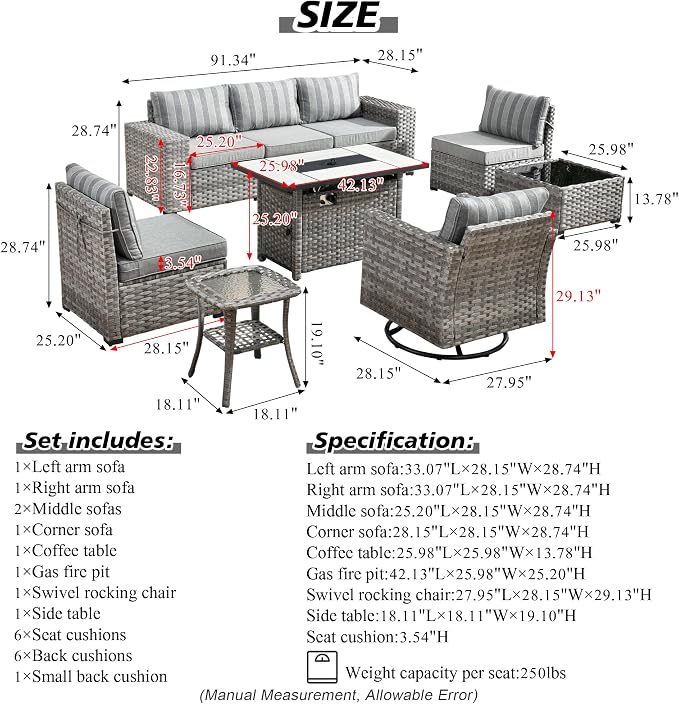HOOOWOOO Outdoor Patio Sectional Furniture Sofa Set with Large Fire Pit Table,9 Piece Modern Wicker Couch with Swivel Chair,Modular Conversation Seating Set with Widened Armrest(Grey Strips)