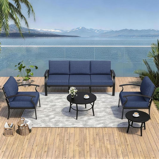 Kurapika Aluminum Patio Furniture Set 5-Seat Modern Metal Outdoor Conversation Sets w/5.1 Inch Cushion Patio Sectional Sofa with 2 Round Coffee Tables, Navy Blue