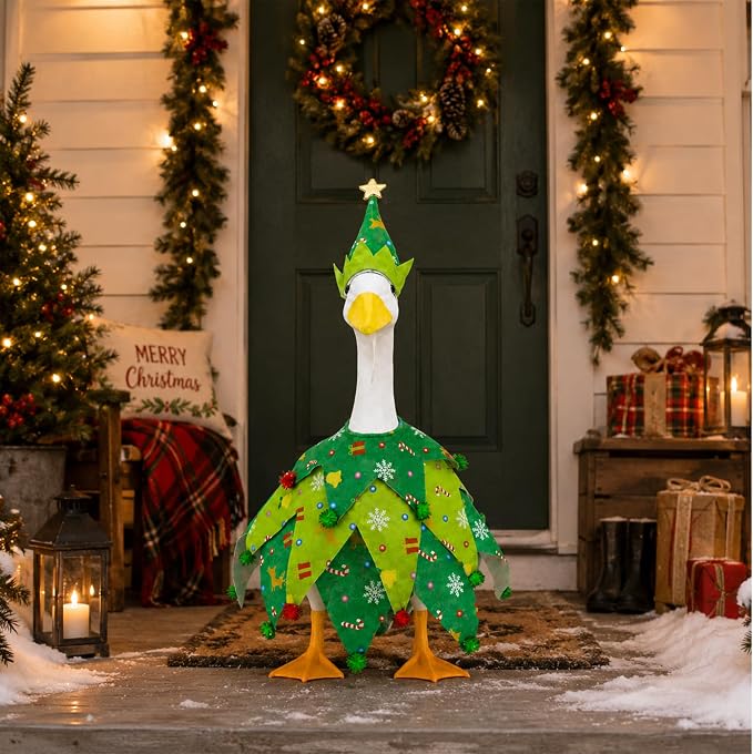 2 Pcs/Set Christmas Tree Porch Goose Outfits, Xmas Geese Clothing Costume Included Hat and Clothes, Green Christmas Goose Statue Costume Accessories for 23" High Porch Statue Holiday Patio Yard Decor
