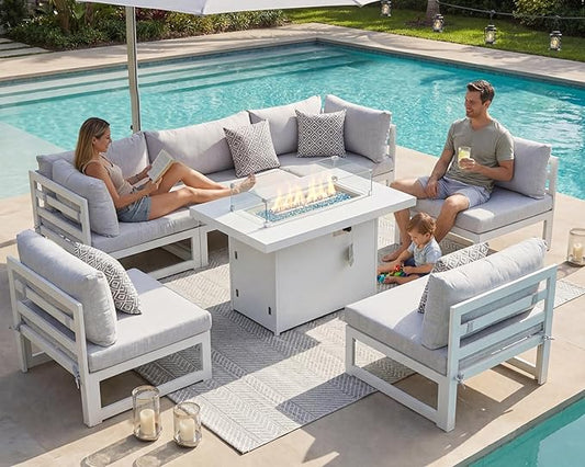 NICESOUL 7 Piece White Powder-Coated Aluminum Patio Furniture with Fire Pit Table, 29 Inch Extra Wide Outdoor Sectional Sofa for 6, High-End Heavy Duty L-Shaped Large Couch for Backyard, Light Gray