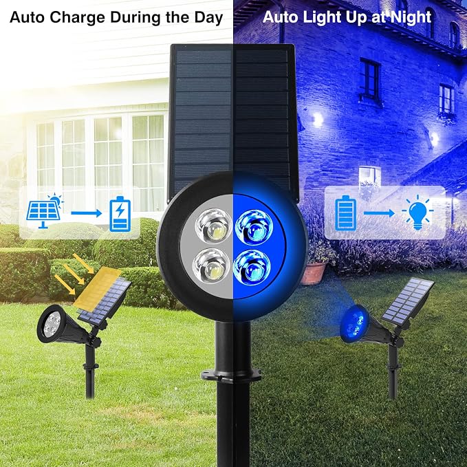 T-SUN Blue Solar Spotlights, Solar Lights Outdoor Waterproof, Auto ON/Off Adjustable Solar Garden Pond Lights for Tree, Patio, Yard, Garden, Driveway, Stairs, Pool Area (Blue- 4 Pack)