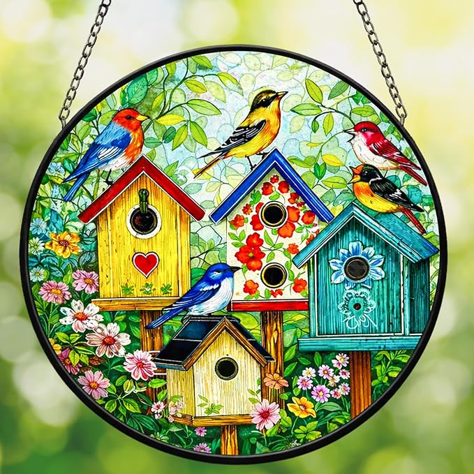 Stained Glass Window Hanging - 7.8 Inch Colorful Birdhouse Sun Catcher, Suncatcher Windows Hanging Wall Decor, Birthday Gifts for Bird Lovers, Women, Mom, Wife, Grandma and Family