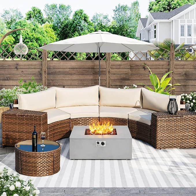 ECOTOUGE 8-Piece Half-Moon Curved Patio Furniture Set with Fire Pit Table, Wicker Rattan Sectional Sofa with Thick Cushions, Outdoor Conversation Set for Backyard Garden No Tank Cover(Beige, Grey)