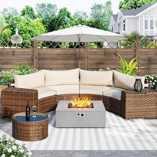 ECOTOUGE 8-Piece Half-Moon Curved Patio Furniture Set with Fire Pit Table, Wicker Rattan Sectional Sofa with Thick Cushions, Outdoor Conversation Set for Backyard Garden No Tank Cover(Beige, Grey)