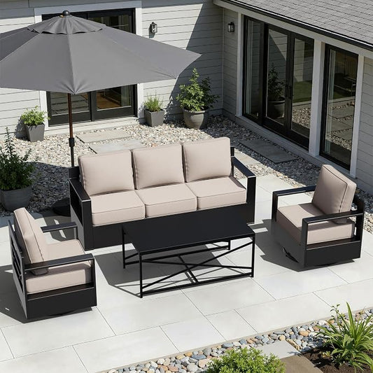 Outdoor Aluminum Furniture Set, 4-Piece Patio Conversation Set, 2 Swivel Chairs, 1 Sofa and 1 Table, All-Weather Metal Frame, 6" Thick Removable Cushions, Deep Setting for Garden, Poolside and Porch
