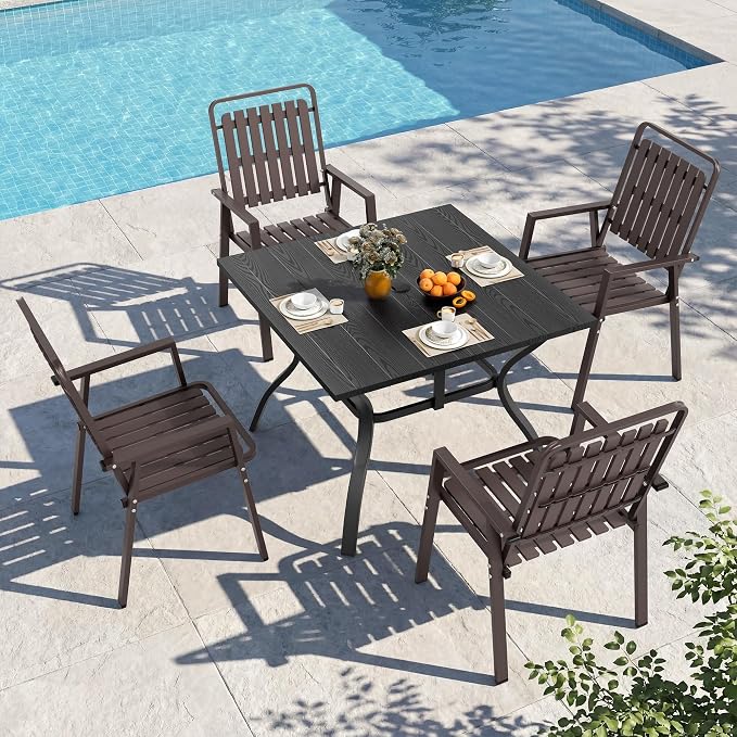 Outdoor Dining Set for 4, Patio Table and Chairs Set with 1.97'' Umbrella Hole, 5pcs Patio Furniture Set 37.8”x37.8” Black Dining Table Set for Porch Deck Backyard Pool