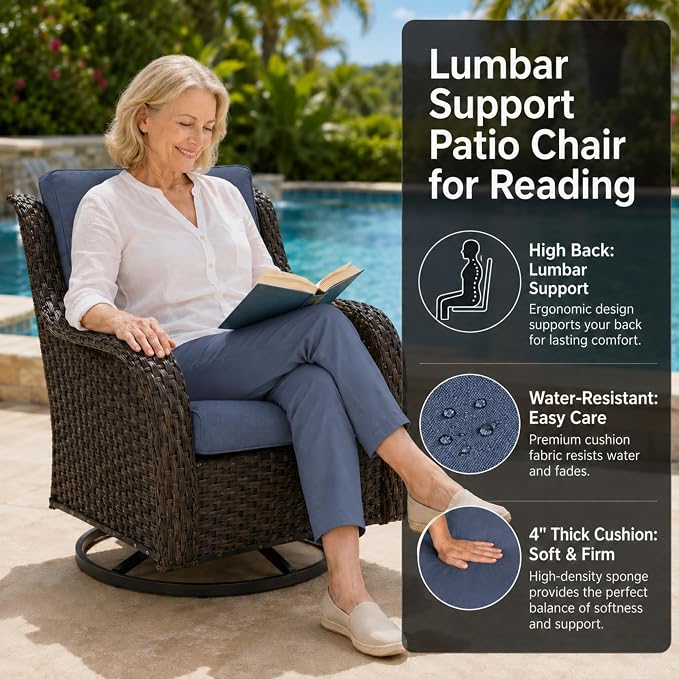 HUMMUH Outdoor Swivel Rocker Wicker Patio Chairs High Back PE Rattan Glider Chairs 4PCS Patio Furniture Set(Brown,Blue)