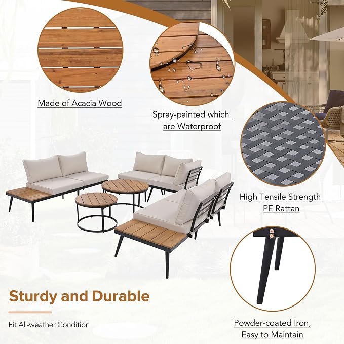 JIVOIT Outdoor Patio Sectional Sofa Set, Modern 6-Piece Conversation Set with Round Nesting Coffee Tables and Seating Sofa with Cushions for Patio, Porch and Garden (Beige * 33)