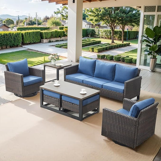 Belord 7 Piece Outdoor Furniture Patio Wicker Sofa Set, Oversize Outdoor Swivel Rocker Chairs with Rattan Ottomans, Conversation Sets Patio Furniture Come with Removable Washable Cushion Blue, Brown