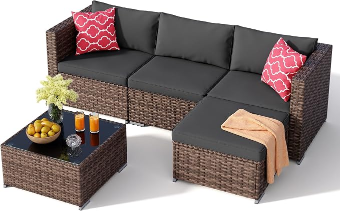 Ahomly 5 Piece Outdoor Patio Furniture Set, PE Wicker Rattan Sectional Sofa with Cushions and Glass Coffee Table, Outdoor Furniture Set for Patio Porch Deck, Black