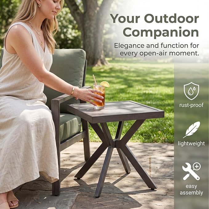 Outdoor Side Table, Aluminum Outdoor Side Table, Patio End Table with Rust-Resistant Frame for Poolside Garden Balcony Lounge Chairs, Grey