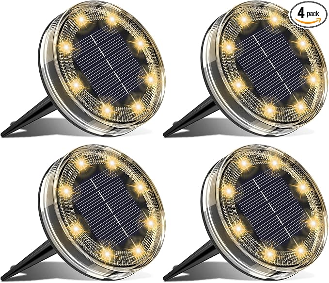 LOTMOS 4 Pack Solar Ground Lights Outdoor, 8 LED Solar Flat Lights IP68 Waterproof Disc Light, Landscape Lighting Solar Powered for Garden Yard Path Driveway Lawn Patio Walkway, Warm White