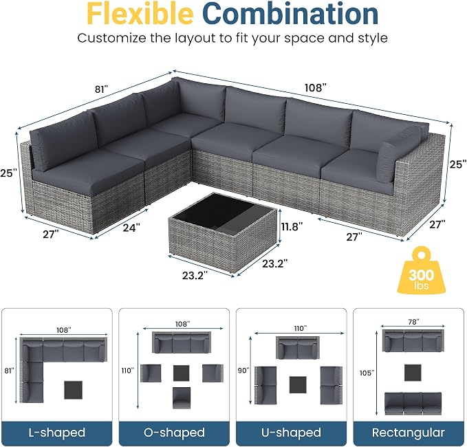 May in Color 7 Pieces Wicker Outdoor Patio Furniture Set, Patio Sectional Sofa with Coffee Table, All-Weather Outdoor Sectional Furniture for Garden Backyard, Grey