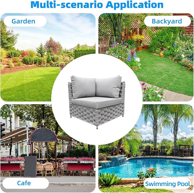TWT Khaki Gray Left Arm Outdoor Patio Sofa, Modular Woven Rope Sectional Chair with Water-Resistant Cushion & Rust-Proof Frame, for Backyard Balcony Deck