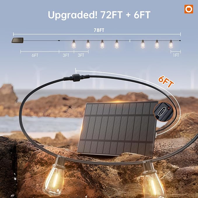 addlon 78FT(72+6) Solar String Lights Outdoor Waterproof with Remote & USB | ST38 LED Shatterproof Bulbs, Solar Powered Outside Lights, Dimmable Solar Light for Camping Backyard Porch