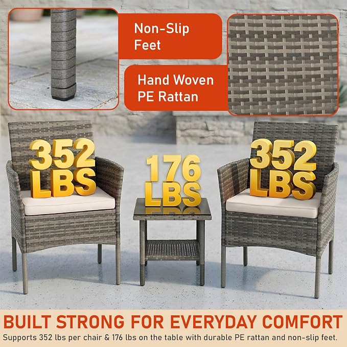 3 Pieces Patio Furniture Outdoor Bistro Set Outdoor&Indoor Conversation Set Coffee Table Chairs Set for 2 with Water-Resistant Cushions for Lawn Yard Garden Porch Balcony and Pool,Grey and Khaki