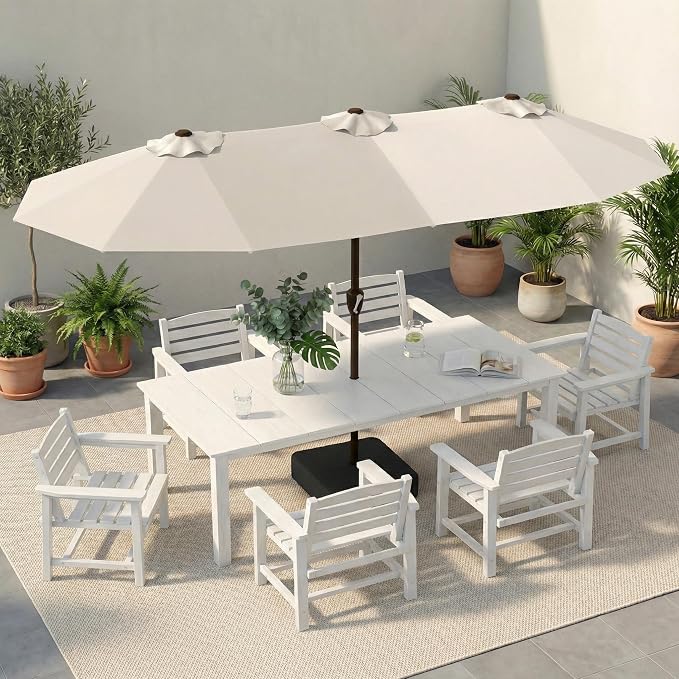 7-Piece Outdoor Dining Set with 15FT Umbrella for 6,White | HDPE table, chairs included, aluminum frame, weather-resistant furniture, perfect for yard, lawn, garden, deck